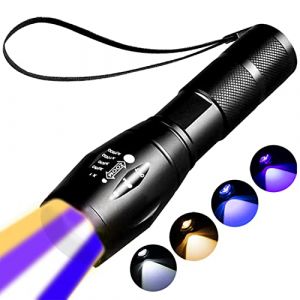 YZYOE Lampe poche multifonction rechargeable &ndash; lampe 4 couleurs, lampe de poche UV &agrave; lumi&egrave;re noire 395nm, Lumi&egrave;res de suivi du sang pour la chasse, 4 modes. LED UV noir, bleu, blanc et jaune. (lizuojun, neuf)