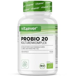 Probio 20 - Complexe de cultures avec 20 souches bactériennes + inuline bio - 180 gélules gastro-résistantes Bright JC Caps® - 21 milliards de bactéries lactiques par dose journalière - Vegan (LifeBalance Trading Supplements, neuf)