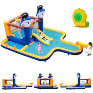 GOPLUS 7 en 1 Château Gonflable Enfants Aquatique avec Piscine, Toboggan, Jeu de Boxe, Canon à Eau, Trampoline, Piscine, Parc Aquatique pour 3-10 Ans Charge 45+45KG (avec Gonfleur 950W) (Augenstern24, neuf)