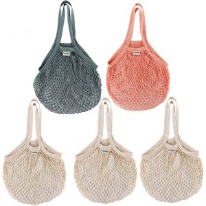 ilauke Sacs de Courses en Maille, 5 Pièce Filet a Courses Sac Coton Maille avec Longue Poignée Durable,Grand Réutilisable et Lavable Filets de Courses Maille Pliable pour Fruits Légumes (3 Couleurs) (MiGE shop, neuf)