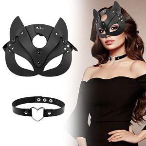 Ensemble Masque Catwoman Et Tour de Cou, Masque Sexy Cat Woman Masque Chat Cosplay Noir PU Masque de Chat en Cuir Masque de Mascarade Demi-Masque pour Halloween Cosplay (My Smart Choice 5, neuf)