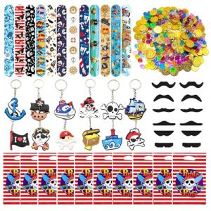 Eymobad Lot de 146 petits cadeaux de f&ecirc;te de pirate, costume de pirate, d&eacute;coration pour enfants avec porte-cl&eacute;s, bracelet &agrave; boucle, sac cadeau, pi&egrave;ces d'or pour carnaval, Halloween, gar&ccedil;on et fille (Sanjiya-EU, neuf)