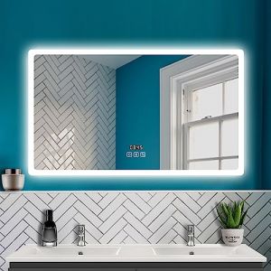 HAPAOSO Miroir de Salle de Bain Miroir Mural LED, 140 * 80cm, Bluetooth, Horloge, Interrupteur Tactile, Anti-buée, 3 en 1 Froid/Chaud/Neutre, étanche IP44 (Summer Showers, neuf)