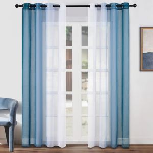 Topfinel 2 Panneaux Rideaux Voilage Bleu Canard et Blanc Couleur Dégradée pour Chambre Enfant Fille Salon Maison Fenêtre Balcon Rideau Transparent à Oeillets Voilages Intérieur, 140x225cm(L x H) (NoledarEU, neuf)