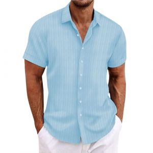 Chemise en lin pour homme - Manches courtes - Chemise en lin - Chemise de loisirs - Coupe droite - Chemise d'été avec col montant - Décontractée - Coupe droite - Chemise rayée, bleu, L (runBel, neuf)