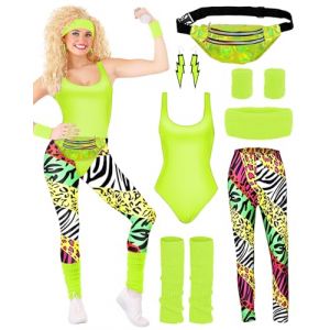 BIQIQI D&eacute;guisement Ann&eacute;e 80 Femme des Costume de Sportif Justaucorps Legging bandeau bracelets jambi&egrave;res boucles d'oreilles Fanny Pack tenue justaucorps des ann&eacute;es 80 pour les ann&eacute;es 80 et 94 (mingqiwangluokeji, neuf)