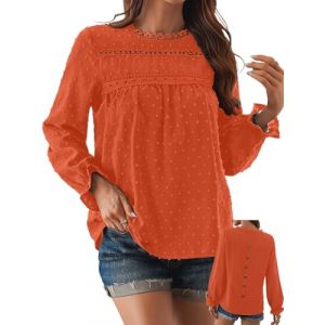 TUUHAW Tunique Femme Longue Top Femme Boh&egrave;me Manches Longues &Eacute;l&eacute;gant Automne Col Rond Volants Fluide &agrave; Point Suisse T-Shirts Chemise Mousseline Tshirt D&eacute;contract&eacute; Basique Loose Blouses Orange Vif XL (TROFANO, neuf)