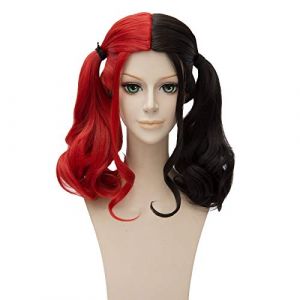 Perruque de cosplay Harleen Quinzel rouge noir queue de cheval courte perruque cosplay costume Harley Quinn cheveux synthétiques résistants à la chaleur femmes perruques cosplay perruques (GUANBAIJI1982, neuf)