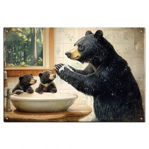 GLOBLELAND Plaque en &Eacute;tain avec Ours Qui Se Lave les Mains Plaque en M&eacute;tal Vintage avec Animaux 12x8 pouce D&eacute;coration Murale Amusante Plaques en &Eacute;tain pour la Maison la Ferme le Bar le Caf&eacute; le Club (GLOBLELAND FR, neuf)