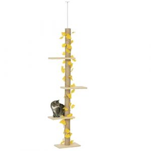 PawHut Arbre &agrave; chat du sol au plafond pour chats d'int&eacute;rieur avec feuilles, tour d'escalade r&eacute;glable en hauteur avec griffoir, kit antid&eacute;rapant &ndash; Jaune 242 cm (Aosom MHSTAR FR, neuf)