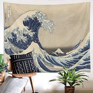 LB Tapisserie Murale Vague de Kanagawa Tenture Murale Japonaise Tissu Mural Oc&eacute;an pour Chambre Salon Dortoir Murale D&eacute;coration,150x100cm (JinShiZhuan, neuf)
