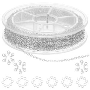 COMNICO Rouleau de cha&icirc;ne &agrave; maillons en acier inoxydable de 5 m de long avec 20 fermoirs mousquetons, 50 anneaux ouverts pour fabrication de colliers, boucles d'oreilles, bracelets (argent) (Brillianthp, neuf)