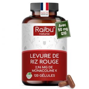 Levure de riz rouge - 2,96 mg de monacoline K & 50 mg de coenzyme Q10 par g&eacute;lule - Soutien cardiovasculaire - Sans gluten & de qualit&eacute; sup&eacute;rieure - 120 g&eacute;lules de riz rouge (Raibu Natural, neuf)
