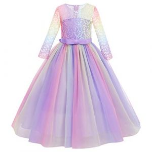 IWEMEK Enfants Fille Robe de Carnaval Princesse Longue en Dentelle avec Bowknot Demoiselle d'honneur Robe de Soirée Mariage Robe de Première Communion Anniversaire Fête 25 Violet Arc-en-Ciel 5-6 Ans (IWEMEK, neuf)