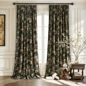 PONY DANCE Rideau Velours Vert - Rideaux Isolant Thermiques Anti Froid/Chaleur Imprim&eacute; Floral Oiseau, Galon Fronceur &Eacute;l&eacute;gant pour Salon Chambre Maison, L 127 x H 240cm, Lot de 2 (RYB HOME EU, neuf)