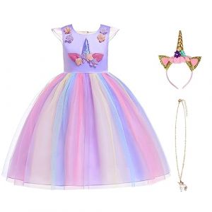 URAQT Robe Licorne Enfant de Princesse, Robe Licorne Fille, Robes Fille, Costume Princesse Fille, Robe Licorne Enfant de Princesse, Robe de Princesse avec Licorne, Multicolore(Lila) 100 pour 2-3Ans (Petit Wudong, neuf)
