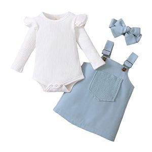 Nouveau-n&eacute; B&eacute;b&eacute; Fille V&ecirc;tements 3Pcs Ensemble Jupe Porte Jarretelles et Haut Combinaison &agrave; Volants Manches Longues +Bandeau &agrave; Bowknot Tenue Set Infantile Automne Hiver 0-18M (Bleu, 80/3-6 Mois) (BAOLILU, neuf)