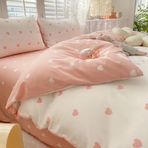Freyamy Housse de Couette 220x240cm+2 Taie d'oreiller 65x65cm Coeur Imprimé Rose Blanc Parure de lit 2 Personnes Adulte Motif du Cœur Sets de Housse Couette en Microfibre avec Fermeture Éclair (Mitchell'SZ, neuf)