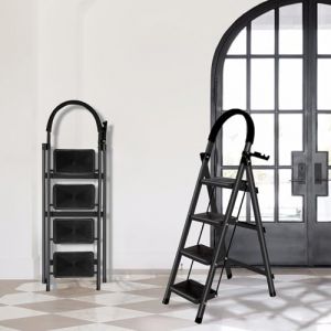 Escabeau Pliable &agrave; 4 marches avec Rampe, avec Plate-Forme &agrave; Outils, &eacute;chelle Portable en Acier de 190 kg, pour Adultes, pour la Maison, la Cuisine, Le Bureau, 133 x 74 x 39 cm - 4 marches (Noir) (Hechheu, neuf)