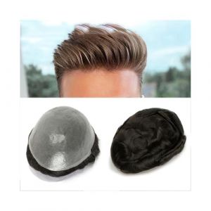 Perruque pour homme, Toupet hommes cheveux humains postiches V boucle avant naturel 0.06mm mince syst&egrave;me de remplacement cheveux humains hommes toupets,Perruque blonde(Dark Ash Blonde,8x10) (zhuyanbo, neuf)