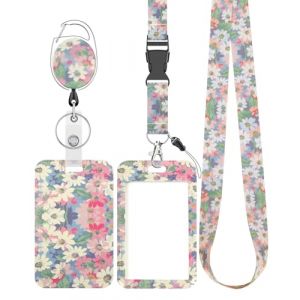 Uniclife Porte Badge Tour de Cou Coulissant Floral Coloré Étui en Plastique de Fleur avec Clip de Mousqueton de Bobine de Badge Rétractable Sangle Longe Détachable Porte Carte Verticale Dure (Dinglang, neuf)