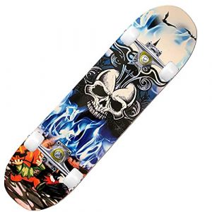 Skateboard Tête De Mort Beige Flamme Bleue Skate 80x20 cm 7 Couches en Bois d'érable avec Roulements ABEC-7 Longboard Ado Skateboards Adulte Skate Board Enfant Débutants Fille Garçons Skeatbord (Gezer Trade, neuf)