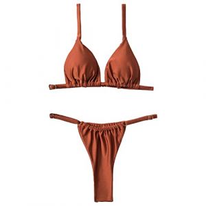 Silkglory Maillot de Bain Femme 2 Pi&egrave;ces Bikini Triangle Coupe Haute String Lace Up Brun Glitter Bikini Sexy Dos Nu Boucle M&eacute;tal - L (Silkglory Direct, neuf)