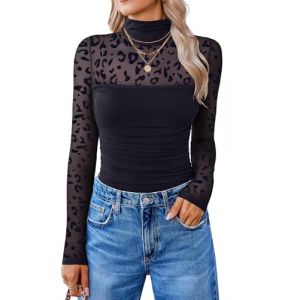 Avidlove Body sexy en dentelle, col roul&eacute;, manches longues, &eacute;l&eacute;gant, en dentelle, body, chemisier, soir&eacute;e, club, L&eacute;opard noir, S (Avidlove direct, neuf)