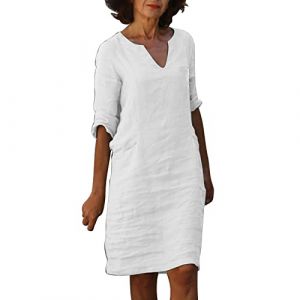 Generic Robe Droite Femme Sexy- Robe Coton et Lin,Robe Mi-Longue Femme Col en V Couleurs Unies Robes Ample Décontractées Grande Taille Simple Élégant Chic Classique de Base Dress pour à la Plage (LOSSLO(Livraison 5-14 jours), neuf)