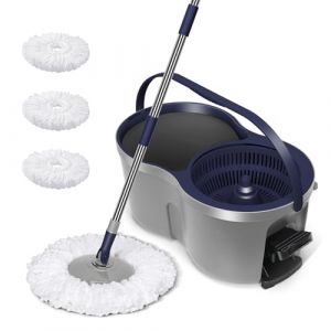 MASTERTOP Seau Essoreur à Pédale et Balai à Franges en Microfibre, Balai Serpillère Rotatif à 360° et Seau avec Manche Long pour Nettoyage de Sol, 3 Tampons (MASTERTOP, neuf)