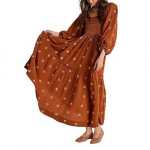 Femme Broderie Florale Maxi Robe Longue Manches Puffantes Encolure Carrée Robe Bohémienne Graduée Robe Flowy 3D Fleurs Maxi Robe d'été Boho Loisirs Robe Loose Dos Libre Robe de Plage (yishengy, neuf)