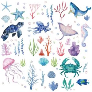 craspire 8 Feuille D'Autocollants Muraux Tortue Poulpe Hippocampe Méduse Étoile de Mer Poisson Marin Été Autocollants pour Fenêtre Décoller et Coller Vinyle PVC Imperméable pour Chambre à Coucher (CRASPIRE FR, neuf)