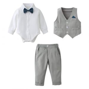 B&eacute;b&eacute; Gar&ccedil;on Gentleman V&ecirc;tements Ensemble, Enfant Mariage Bapt&ecirc;me Tenue Fete Costume Ceremonie Chemises Haut Chemise Gilet Pantalon N&oelig;ud Papillon 3-24 Mois (Gris, 12-18 Mois) (Amissz-EU, neuf)