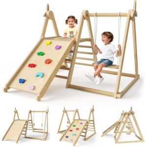 STYPLZ Structure de Jeux int&eacute;rieure 5 en 1,Ensemble d'escalade en Bois Pliable avec balan&ccedil;oire,Toboggan,&eacute;chelle et Mur d'escalade,Jeu d'escalade inspir&eacute; de la philosophie Montessori pour Enfants (WARM HEART LIMITED, neuf)