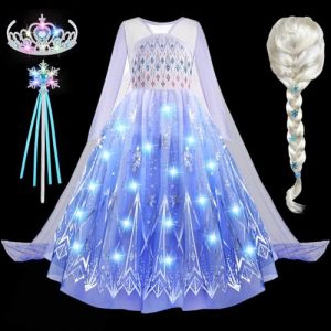 G.C LED Robe Princesse Fille Lumineux Deguisement Reine des Neiges avec Perruque Couronne Elsa Déguisement Princesse Anniversaire Carnaval Halloween Costume pour Enfant (120, 5-6 Ans) (G.C EU, neuf)