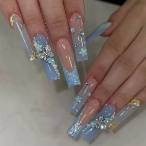 Faux ongles, ongles à presser Faux ongles longs en forme de cercueil avec colle, faux ongles marron portables avec strass, presse de Ballet, couverture complète(12) (zhangtingamz, neuf)