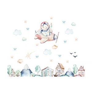 Osomhome Stickers Muraux Enfants: Garçon dans l'Avion (130x100cm) - Autocollant Mural - Decoration Chambre Bebe - Deco Chambre Enfant Fille & Garcon - Étoiles, Nuages, Ville, Montagnes os7805 (osomhome, neuf)