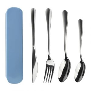 4 Pi&egrave;ces Couverts de Voyage avec Etui Portable Acier Inoxydable Couverts Transportables avec Couteau, Fourchette et 2 Cuill&egrave;res Lavable au Lave-Vaisselle pour Pique-Nique, Voyage, &Eacute;cole, Bureau (xinshuoxin, neuf)