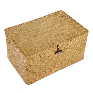 OLegei Panier de rangement en osier panier avec couvercle panier pour étagère boîte de rangement organisateur de table (caramel, 36 x 24 x 18cm) (SunGiRay, neuf)