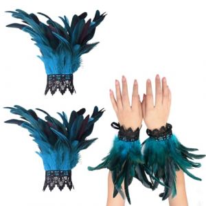 ZORVYN Manchettes en Plumes de Paon Turquoise pour Femmes - Accessoires &Eacute;l&eacute;gants de Costume pour Carnaval, Mardi Gras, Halloween - Bracelet en Plumes pour Adultes (SESINEND, neuf)