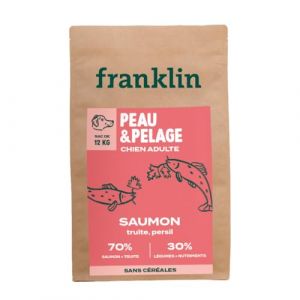 Franklin Protéinée – Croquettes Chien – 12kg – 70% de Saumon – Mono-Protéine - sans Céréales – Peau et Pelage – Forme Triangle 13mm – Saumon, Truite, Persil (Franklin Pet Food, neuf)