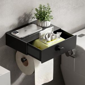 VOLDRA Porte Papier Toilette Mural, Derouleur Support Papier Toilette Murale avec éTagèRe sans Percage Porte Papier WC avec lingettes Tiroir Adhésif DéVidoir Papier Toilette Toilet Paper Holder(Noir) (Voldra FR, neuf)