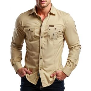 Misfuso Chemises Homme en Coton &agrave; Manches Longues Mod&egrave;le Randonn&eacute;e Style Cowboy Col Montant Tenue Tactique Usage Ext&eacute;rieur/Travail Look Safari Uni et D&eacute;contract&eacute; 2 Poches Kaki M (Kuson, neuf)