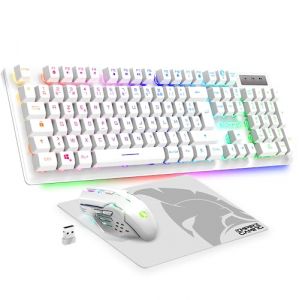 Empire Gaming - Armor RF800 Pack Clavier Souris Gaming Rechargeable sans Fil AZERTY (Français-Layout) RGB avec Tapis de Souris -Clavier 2.4G -Souris 4800 DPI -PC PS4 PS5 Xbox One/Series Mac - Blanc (OptimumWay France, neuf)