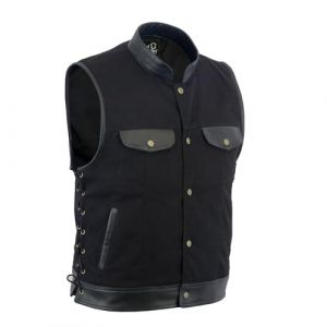 Leatherick SOA Hommes Biker Gilet - C&ocirc;t&eacute; Lacet Cuir Denim Trim Gilet - Noir - 3XL (Leatherick, neuf)