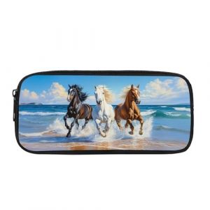 Biyejit Trousse à crayons motif cheval de plage pour enfants, trousse de maquillage, pièces de monnaie, sac à main pour femme, trousse de toilette pour adolescents, garçons, filles, cadeau de rentrée (Biyejiteam, neuf)