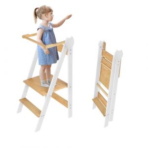 WOTAT Tour D'observation Enfant Pliable Montessori,Bambou Naturel Tour d'apprentissage S&eacute;curis&eacute;e avec Angles Anti-Bascule Chaise Learning Tower pour Enfants de 18 Mois &Agrave; 6 Ans (jusiZL, neuf)