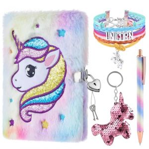 WERNNSAI Ensemble de cahier de licorne en peluche - Cahiers pour filles Agenda privé Broderie Voyage scolaire bloc-notes Stylo Gel Porte-clés Bracelets Serrures Clés Cadeau de Noël d'anniversaire (Nuoly, neuf)