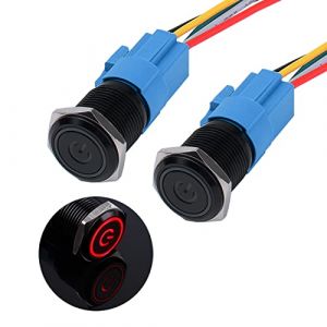 JIQI 2 &times; 16mm Interrupteur &agrave; bouton-poussoir en m&eacute;tal &eacute;tanche &agrave; verrouillage, 12V &agrave; 24V 2A IP66 1NO 1NC, avec symbole d'alimentation LED, bouton poussoir noir pour voiture DIY Auto(rouge) (LUBAN STORE, neuf)