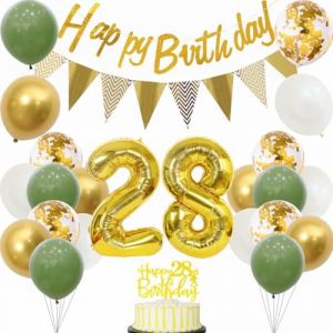 Yunchu Online D&eacute;coration d'anniversaire 28 ans pour femme et homme - 28 ans - Vert, blanc, dor&eacute; - Ballons de f&ecirc;te (Yunchu Online, neuf)
